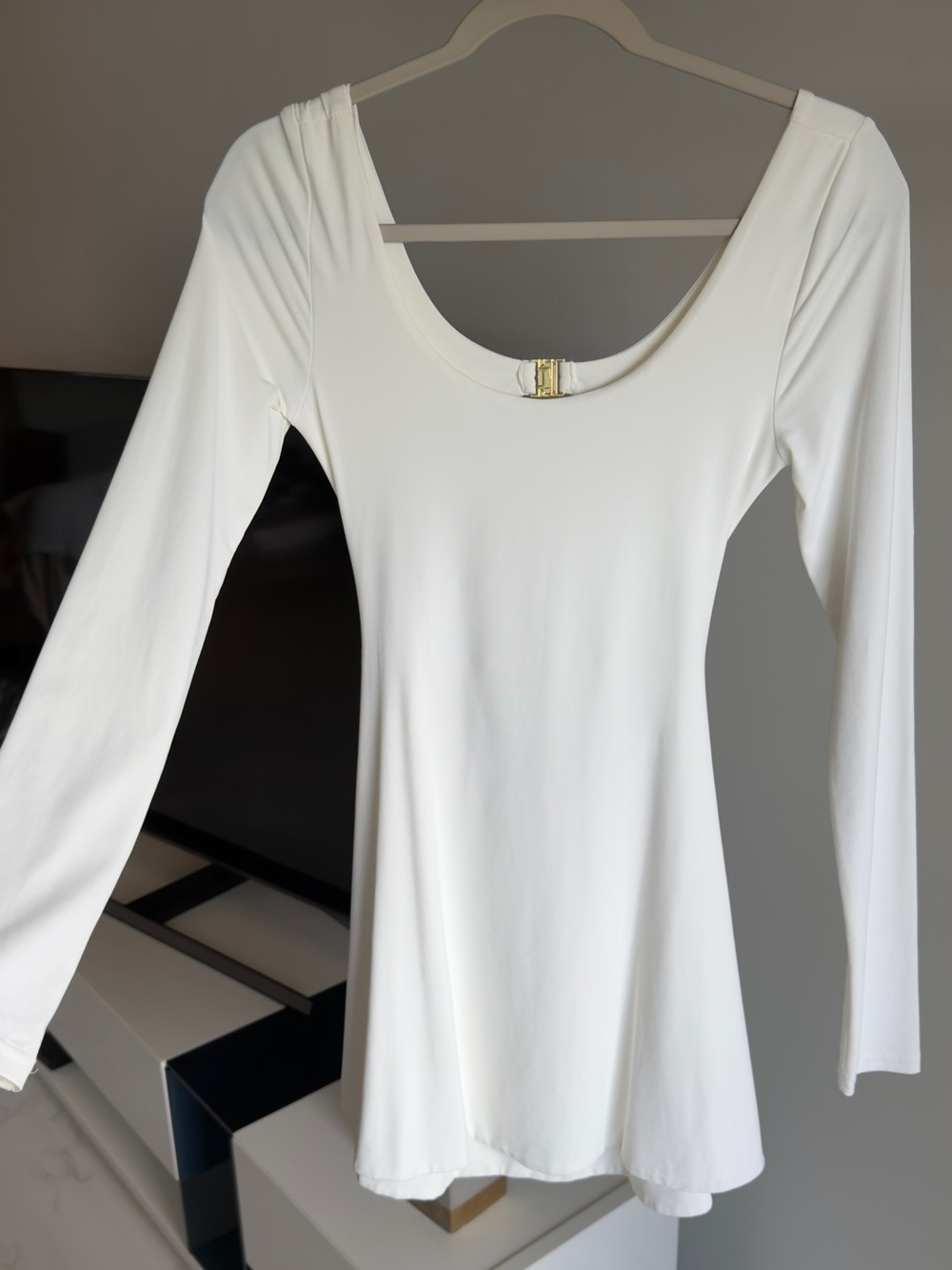 Meshki White Long-Sleeve Open Back Mini Dress with Gold Buckle